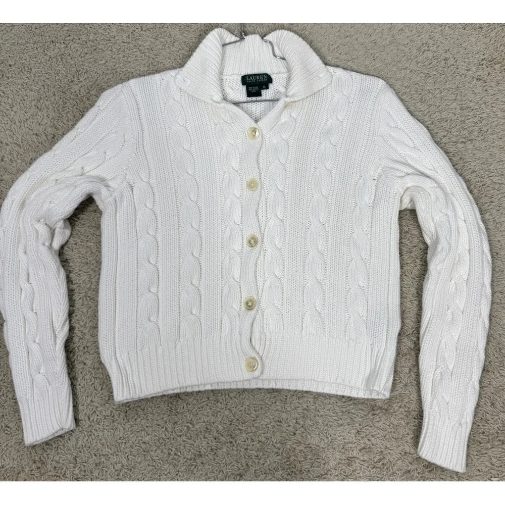 Lauren Ralph Lauren White Chunky Cable Knit Button Up Mock Neck Cardigan Size XL